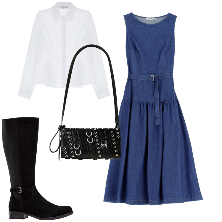 Outfit donna - Abito denim. Stile Casual chic per Tutti i giorni. Abbinamento con stivali, borse a spalla, vestiti lunghi, camicie.