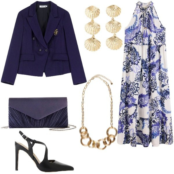 Outfit donna - Ultime cene vista mare. Stile Glamour per Serata fuori. Abbinamento con pochette, vestiti, orecchini, décolleté, blazer, collane.