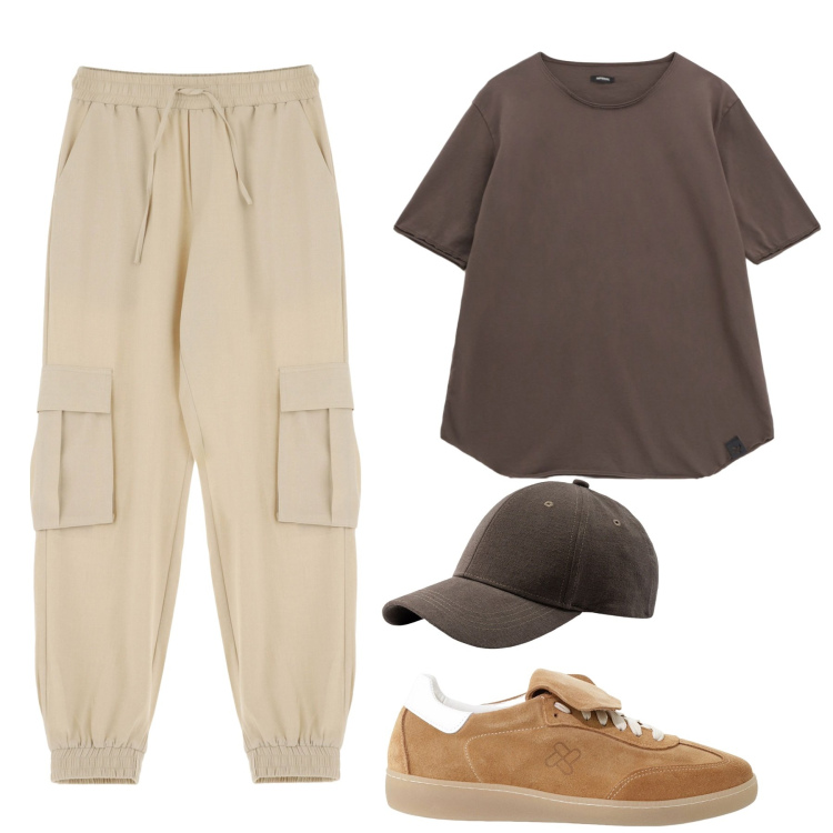 Outfit uomo - Settembre. Stile Casual per Tutti i giorni. Abbinamento con pantaloni cargo, sneakers, t-shirt, cappelli con visiera.