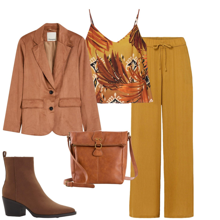 Outfit donna - Settembre. Stile Urban per Tutti i giorni. Abbinamento con pantaloni, borse a tracolla, stivaletti texani, blazer, canottiere.