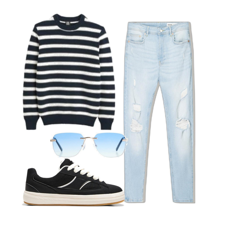 Outfit hombre - De rayas. Estilo Casual para Todos los días. Combinación con prendas de punto, vaqueros rotos, sneakers, gafas de sol.