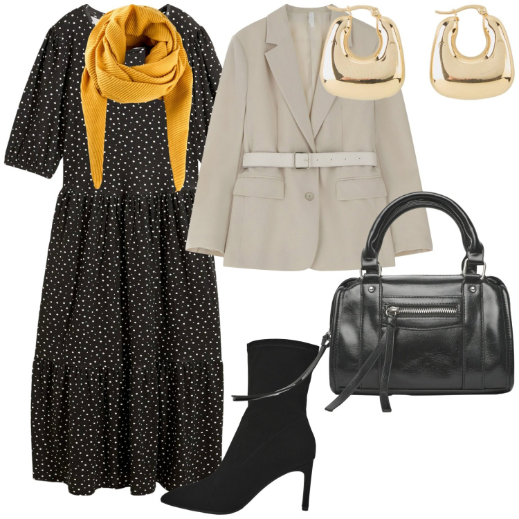 Outfit donna - In Posta. per Tutti i giorni. Abbinamento con foulard, orecchini, vestiti, borse a mano, stivali, blazer.