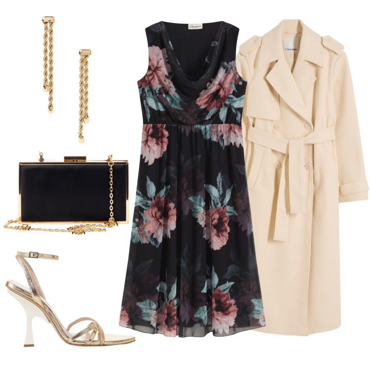 Outfit donna - Total look #2250096. Stile Bon Ton per Serata fuori. Abbinamento con vestiti midi/longuette, trench, pochette, orecchini, sandali col tacco.