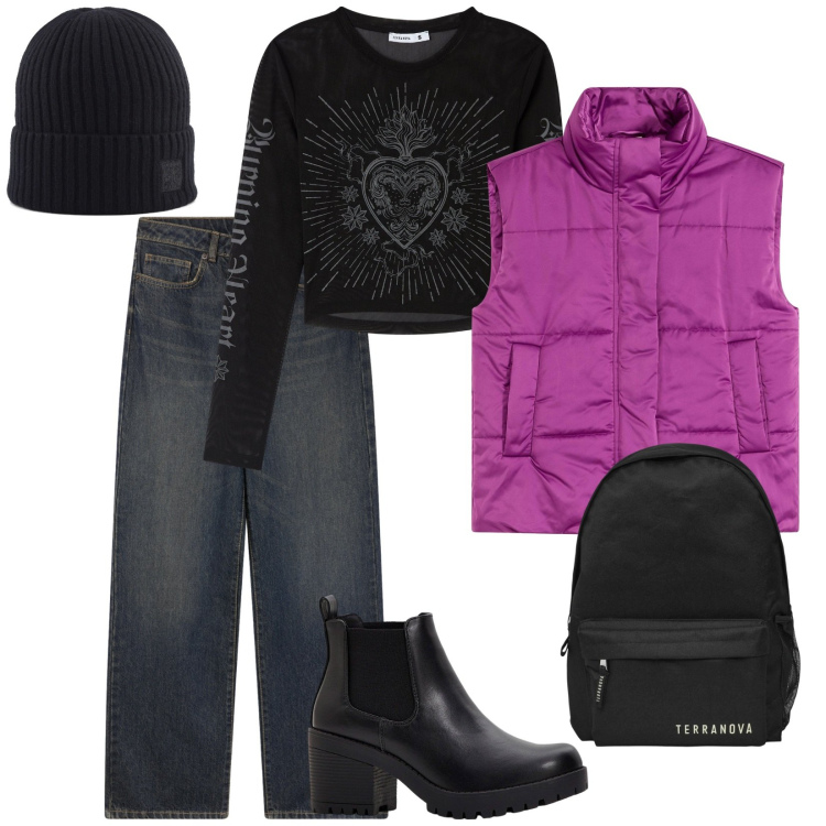 Outfit donna - In moto. per Tutti i giorni. Abbinamento con stivaletti chelsea, piumini, t-shirt, zaini, jeans dritti, berretti.