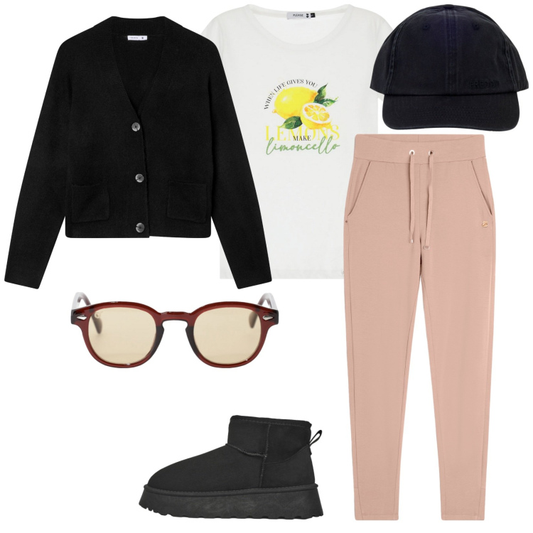 Outfit donna - Due secondi e arrivo. per Tutti i giorni. Abbinamento con cardigans, stivaletti, t-shirt, occhiali da sole, pantaloni, cappelli con visiera.