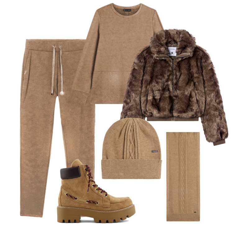 Outfit donna - Sportiva autunno/inverno. Stile Casual per Tutti i giorni. Abbinamento con ecopellicce, felpe, sciarpe, berretti, pantaloni, stivaletti.