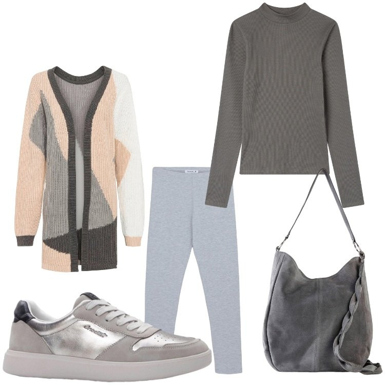 Outfit donna - Domenica comoda. Stile Casual per Tutti i giorni. Abbinamento con cardigans, sneakers, borse a mano, t-shirt, leggings.