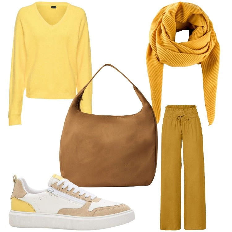 Outfit donna - Senape e curry. Stile Casual chic per Tutti i giorni. Abbinamento con foulard, maglieria, sneakers, pantaloni a palazzo, borse a mano.