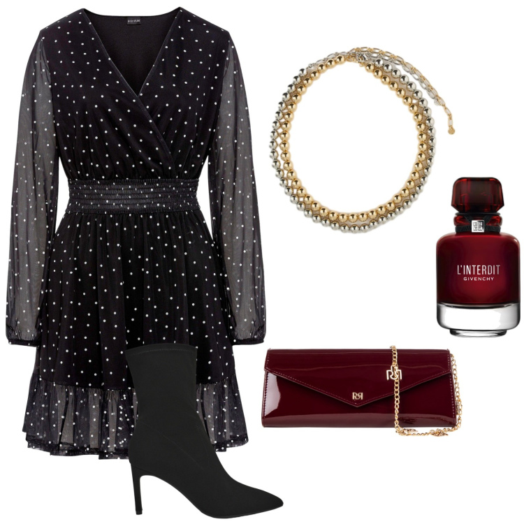 Outfit donna - Total look #2250121. Stile Chic per Serata fuori. Abbinamento con vestiti corti, profumi, stivali, pochette, collane.