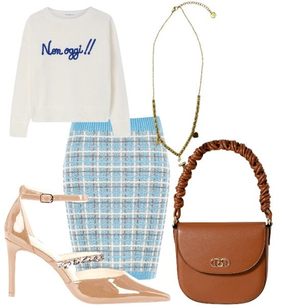 Outfit donna - il mio stile. Stile Glamour per Tutti i giorni. Abbinamento con maglieria, borse a mano, gonne, décolleté, ciondoli.