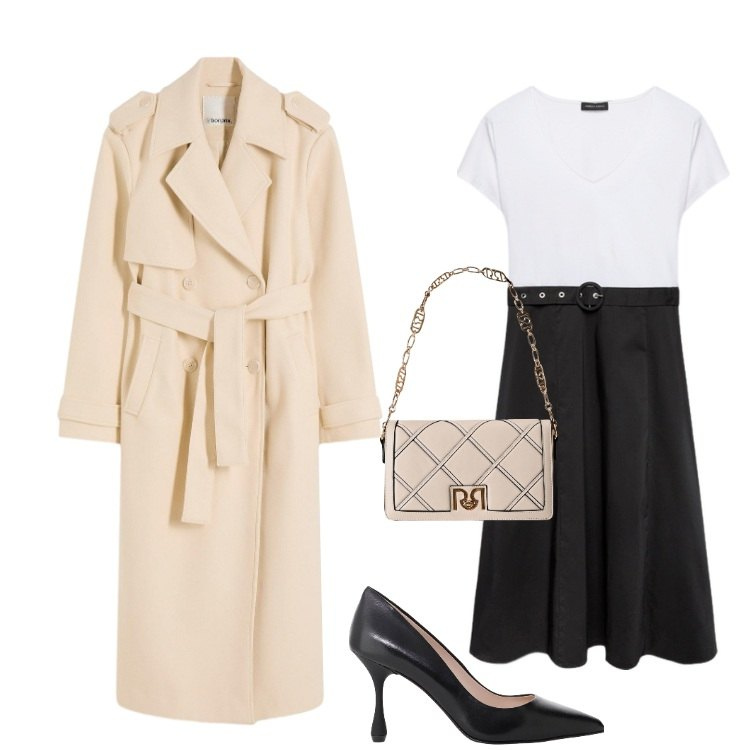 Outfit donna - Trench per ogni occasione. Stile Bon Ton per Ufficio. Abbinamento con trench, borse a tracolla, décolleté, vestiti midi/longuette.