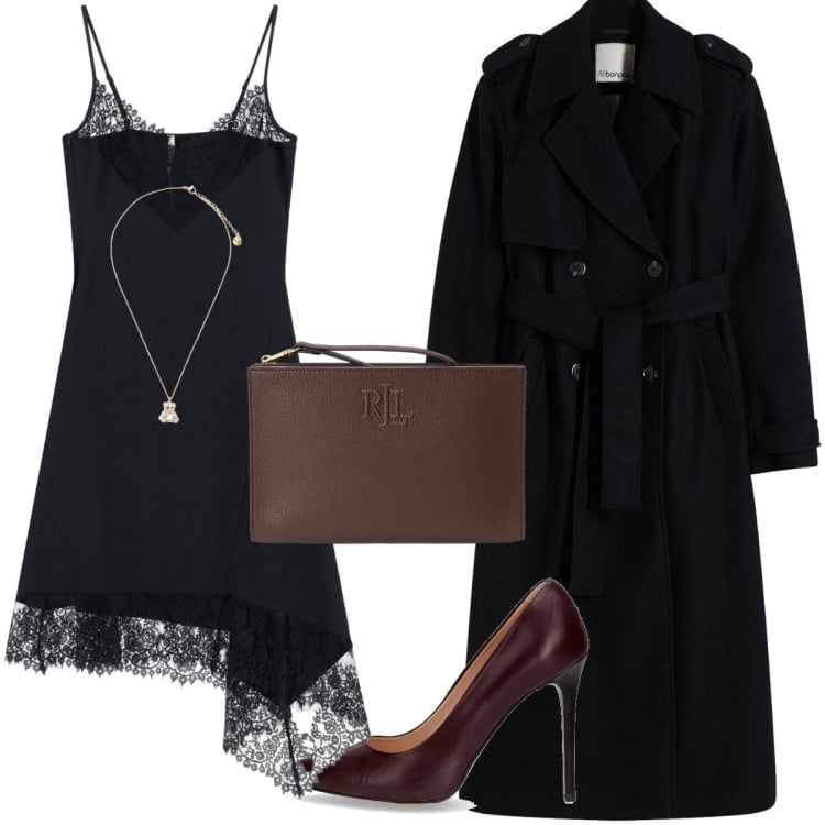 Outfit donna - Una serata elegante. Stile Chic per Cerimonia. Abbinamento con trench, vestiti asimmetrici, ciondoli, pochette, décolleté.