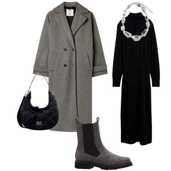 Outfit donna - Caldo abbraccio d\'autunno. Stile Casual per Tutti i giorni. Abbinamento con stivaletti chelsea, vestiti, cappotti, borse a tracolla, ciondoli.