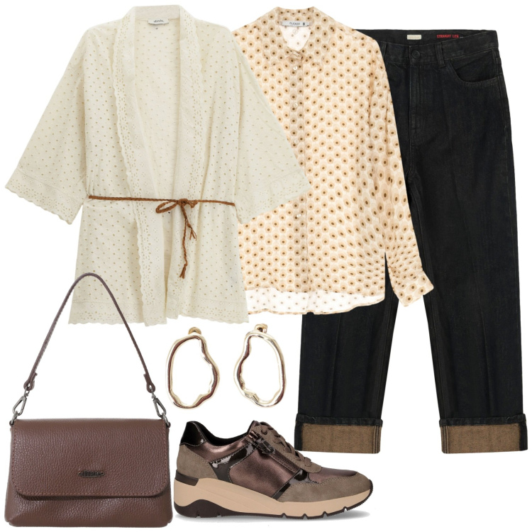 Outfit donna - Brunch domenicale!. Stile Casual chic per Tutti i giorni. Abbinamento con camicie, cappotti, borse a tracolla, orecchini, jeans dritti, sneakers alte.