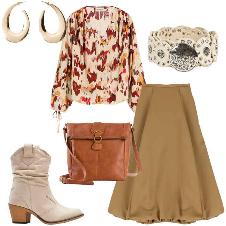 Outfit donna - Sfumature calde d\'autunno. Stile Chic per Tutti i giorni. Abbinamento con bluse, stivaletti texani, orecchini, borse a tracolla, cinture, gonne longuette.