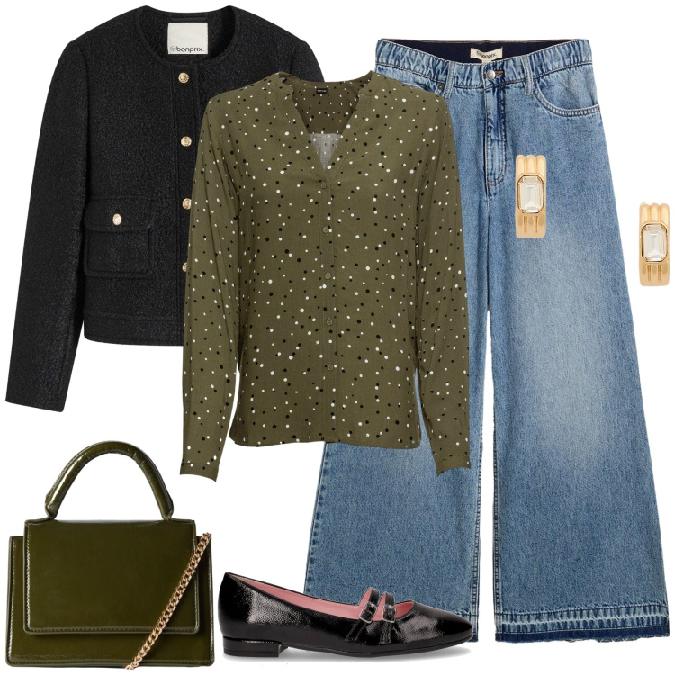 Outfit donna - Brunch con le amiche!. Stile Casual chic per Tutti i giorni. Abbinamento con camicie, jeans, bomber, borse a tracolla, orecchini, ballerine.