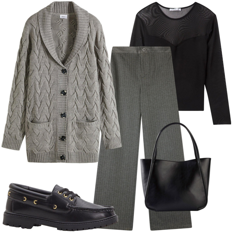 Outfit donna - Cardigan a trecce. Stile Urban per Tutti i giorni. Abbinamento con cardigans, shopping bag, mocassini, pantaloni, t-shirt.