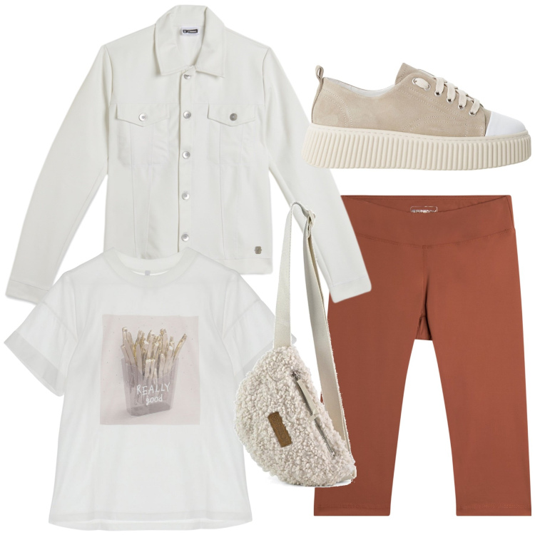 Outfit donna - Tutti i giorni. Stile Casual per Tutti i giorni. Abbinamento con sneakers, t-shirt, leggings, giacche, marsupi.