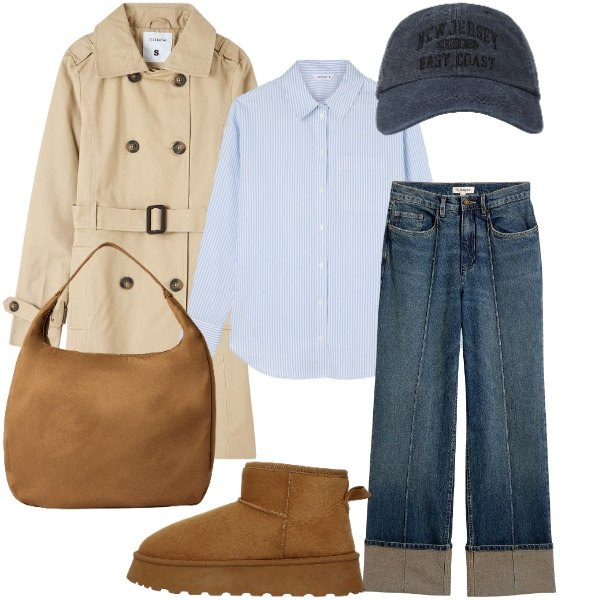 Outfit donna - Casual Chic d’Autunno trench. Stile Casual chic per Tutti i giorni. Abbinamento con jeans dritti, trench, cappelli con visiera, borse a mano, stivali, camicie.