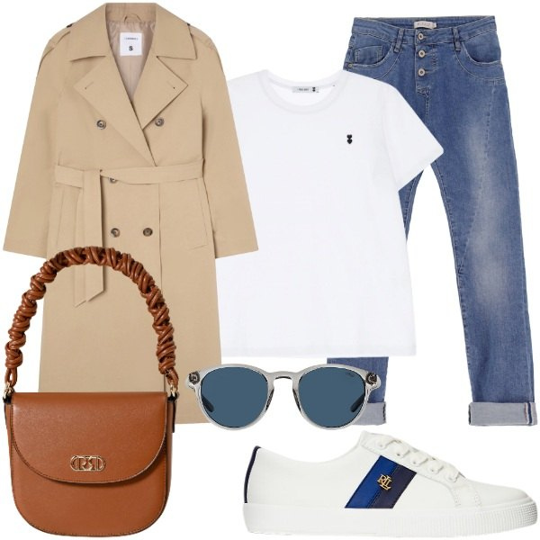 Outfit donna - Urban Classic Il trench beige. Stile Casual chic per Tutti i giorni. Abbinamento con trench, borse a mano, jeans slim fit, t-shirt, occhiali da sole, sneakers.