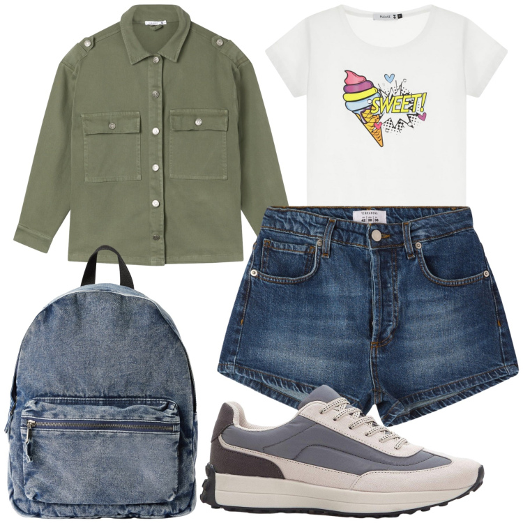 Outfit donna - Passeggiata con gelato. Stile Casual per Tutti i giorni. Abbinamento con sneakers, shorts, zaini, cappotti, t-shirt.