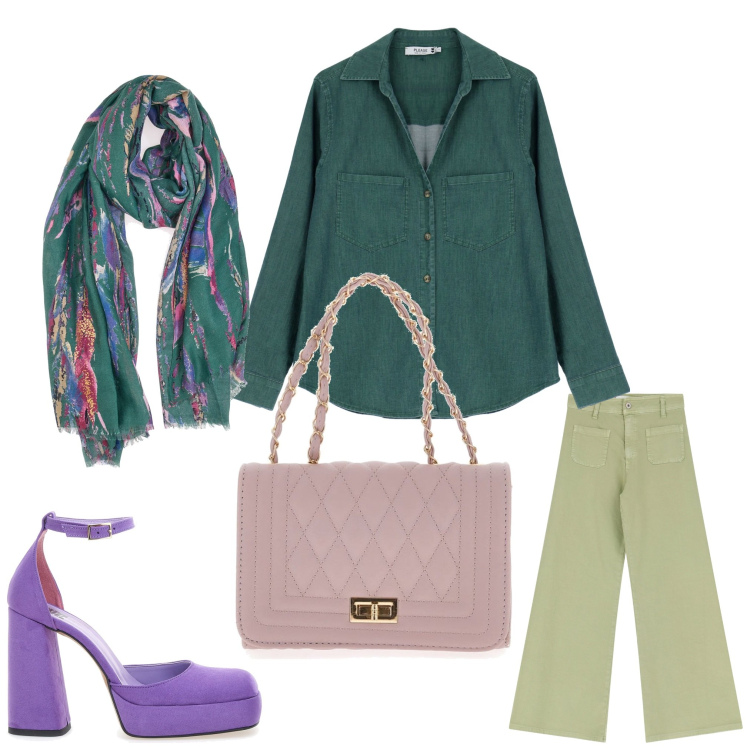 Outfit donna - Originale. Stile Casual chic per Serata fuori. Abbinamento con camicie, jeans, décolleté, foulard, borse a tracolla.