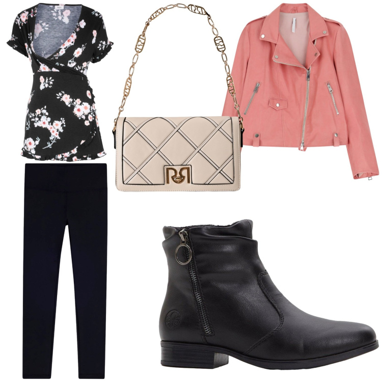 Outfit donna - La Blusa floreale. Stile Casual per Tutti i giorni. Abbinamento con tuniche, stivaletti, borse a tracolla, giacche, leggings.