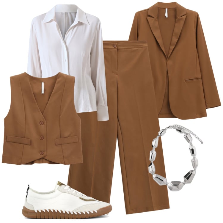 Outfit donna - Completo color camoscio. Stile Casual chic per Ufficio. Abbinamento con camicie, blazer, pantaloni a palazzo, gilet, sneakers, ciondoli.