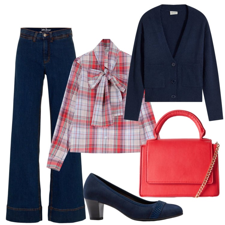 Outfit donna - Un tocco di rosso. Stile Casual chic per Tutti i giorni. Abbinamento con jeans, décolleté, cardigans, borse a tracolla, camicie.