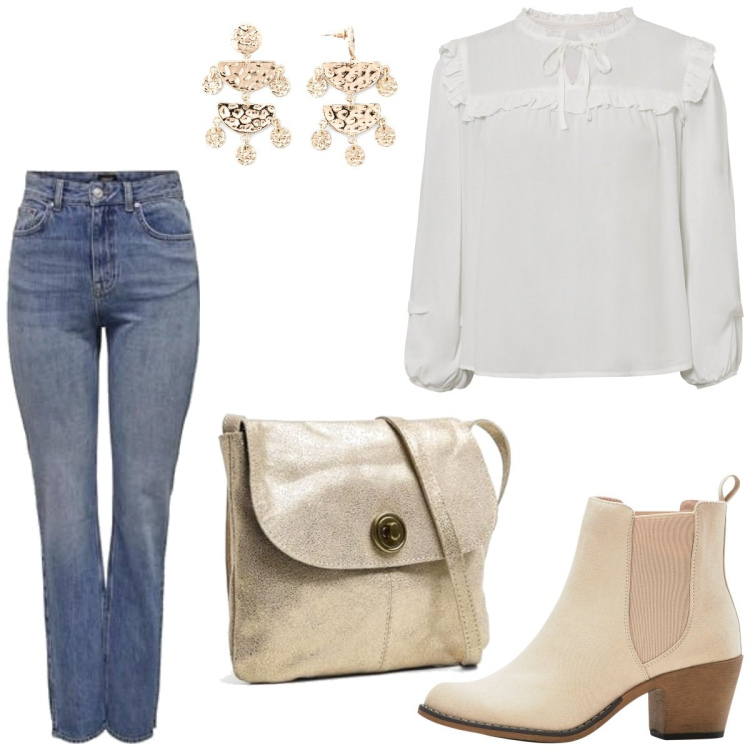 Outfit femme - Boho #2441. Style Boho pour Tous les jours. Assortir avec tuniques, bottines texanes, boucles d'oreilles, jean coupe droite, sacs en bandoulière.