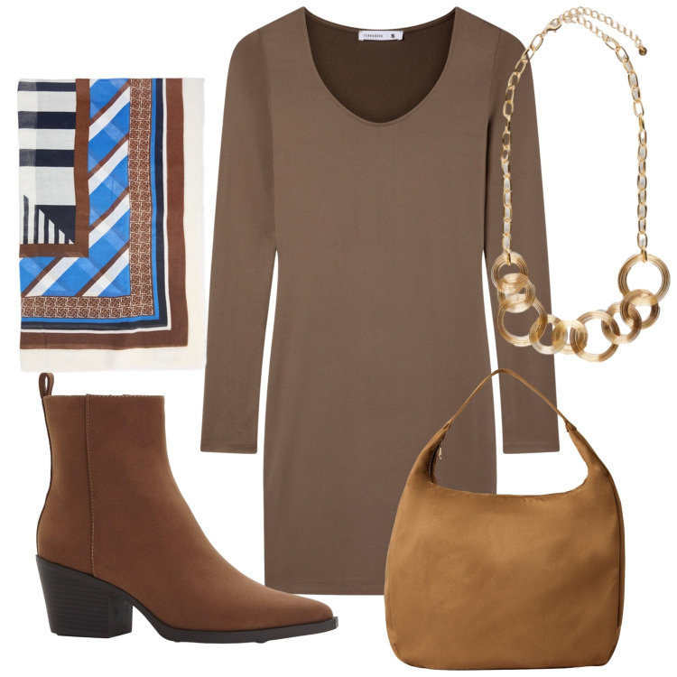 Outfit donna - Colori caldi per l\'autunno. Stile Casual chic per Tutti i giorni. Abbinamento con stivaletti texani, vestiti corti, borse a mano, foulard, collane.