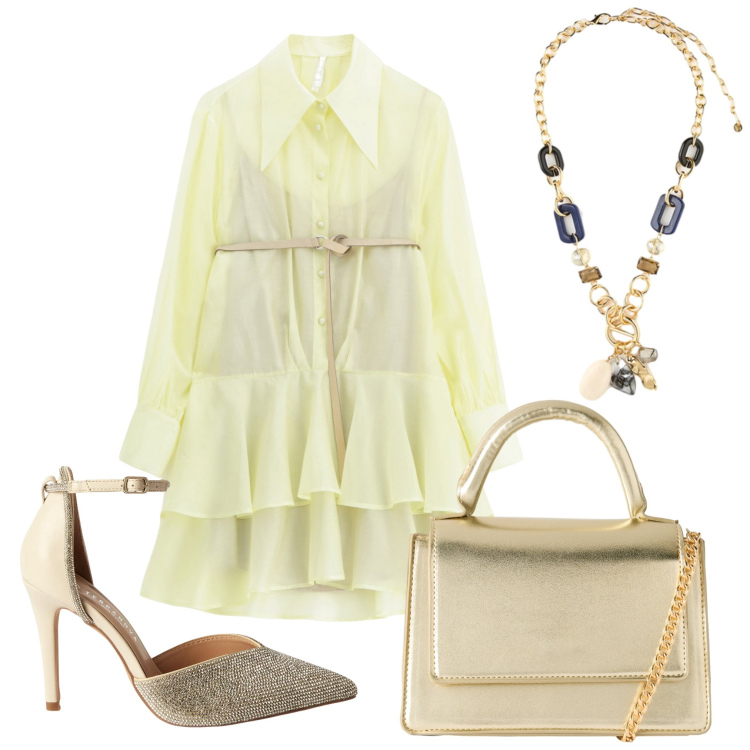 Outfit donna - Un tocco dorato. Stile Glamour per Tutti i giorni. Abbinamento con décolleté, borse a tracolla, vestiti corti, collane.