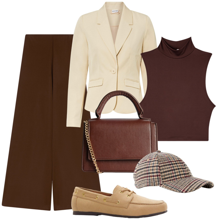 Outfit donna - Outfit autunno H24. Stile Glamour per Tutti i giorni. Abbinamento con blazer, mocassini, cappelli con visiera, borse a tracolla, top, pantaloni.