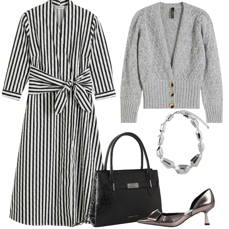 Outfit donna - Serata brillante. Stile Chic per Serata fuori. Abbinamento con cardigans, vestiti midi/longuette, borse a mano, décolleté, ciondoli.