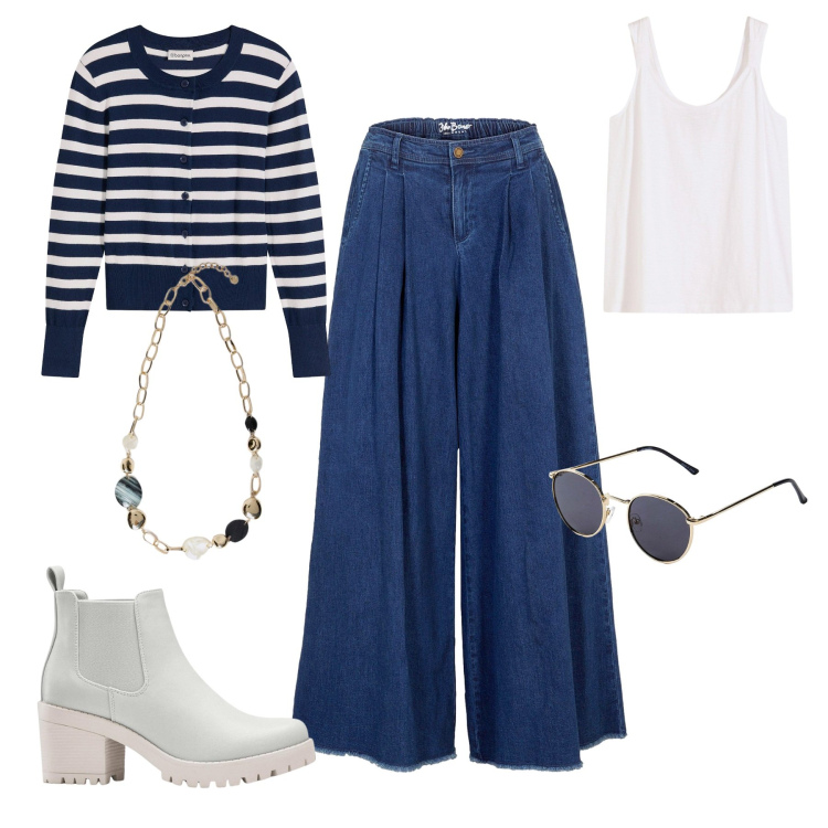 Outfit donna - Navy September. Stile Casual chic Abbinamento con occhiali da sole, stivaletti chelsea, gonne, canottiere, cardigans, collane.