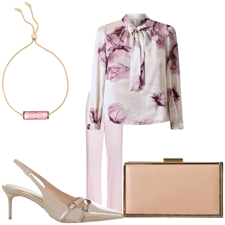 Outfit donna - Brunch in pink. Stile Chic per Tutti i giorni. Abbinamento con pochette, décolleté, bluse, pantaloni, braccialetti.