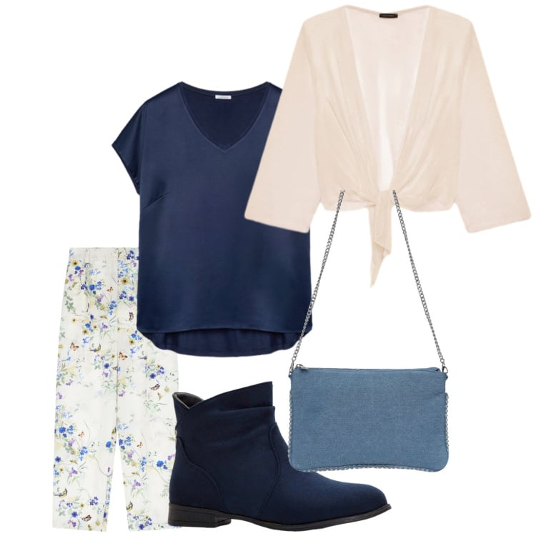 Outfit donna - Total look #2250203. Stile Casual chic per Tutti i giorni. Abbinamento con stivaletti, borse a tracolla, pantaloni, bolero, t-shirt.