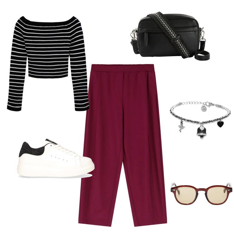 Outfit donna - Rock brunch. Abbinamento con borse a tracolla, maglieria, pantaloni, occhiali da sole, braccialetti, sneakers.