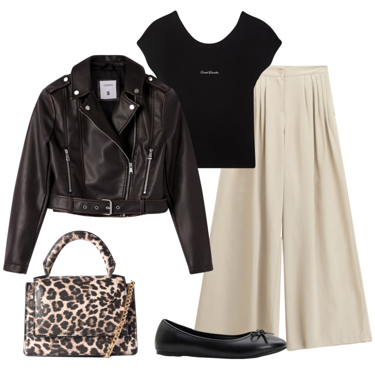 Outfit donna - Total look #2250213. Stile Casual chic per Tutti i giorni. Abbinamento con ballerine, borse a tracolla, giacche, t-shirt, pantaloni a palazzo.