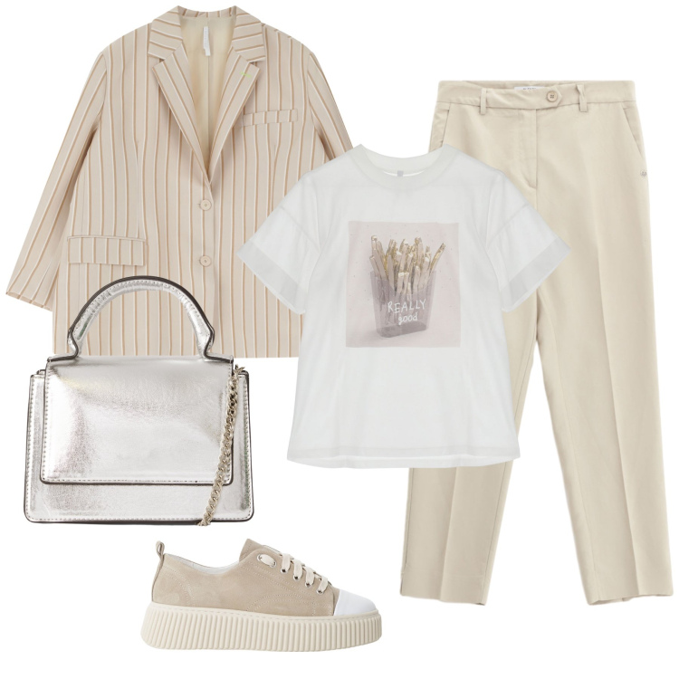 Outfit donna - Total look #2250215. Stile Casual chic per Tutti i giorni. Abbinamento con borse a tracolla, pantaloni chino, t-shirt, sneakers, blazer.