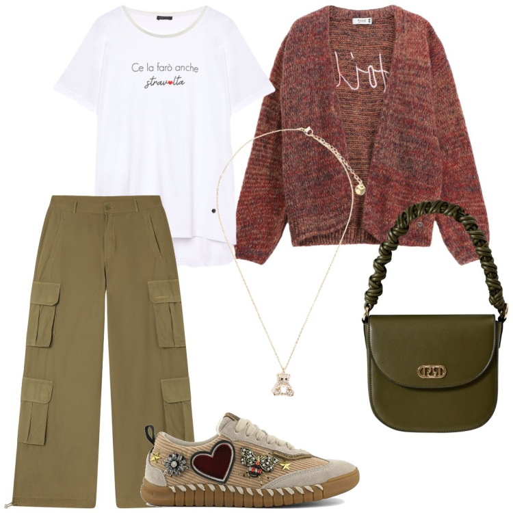 Outfit donna - L\'outfit comodo. Stile Sporty chic per Tutti i giorni. Abbinamento con borse a mano, cardigans, pantaloni cargo, ciondoli, sneakers, t-shirt.