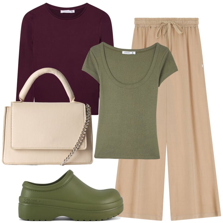 Outfit donna - Total look #2250217. Stile Casual per Tutti i giorni. Abbinamento con borse a tracolla, t-shirt, t-shirt, pantaloni a palazzo, sandali.