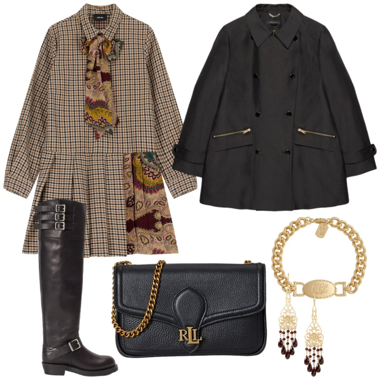 Outfit donna - Stivali in autunno. Stile Casual chic per Tutti i giorni. Abbinamento con vestiti, braccialetti, clutch, stivali, orecchini, trench.