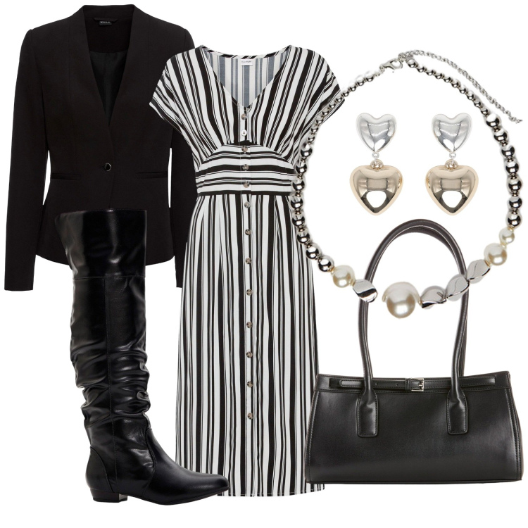 Outfit donna - Brunch elegante. Stile Chic per Tutti i giorni. Abbinamento con stivali sopra il ginocchio, vestiti, blazer, borse a mano, orecchini, collane.