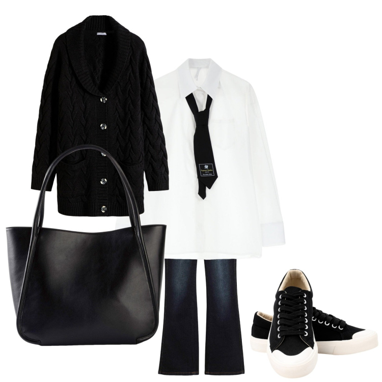 Outfit donna - Per tutta la settimana. Stile Casual chic per Tutti i giorni. Abbinamento con jeans bootcut, cardigans, shopping bag, camicie, sneakers.