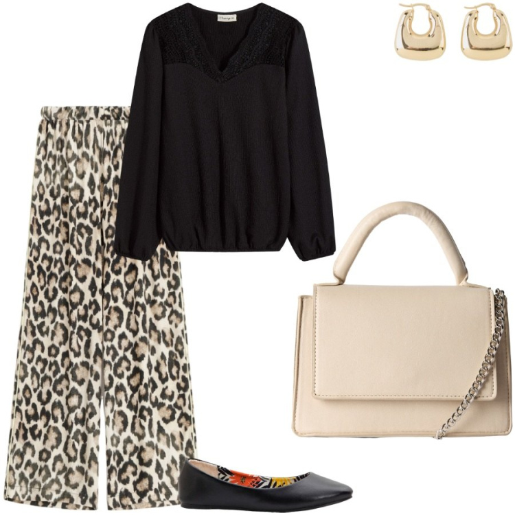 Outfit donna - Animalier. Stile Casual per Tutti i giorni. Abbinamento con bluse, ballerine, orecchini, borse a tracolla, pantaloni a palazzo.