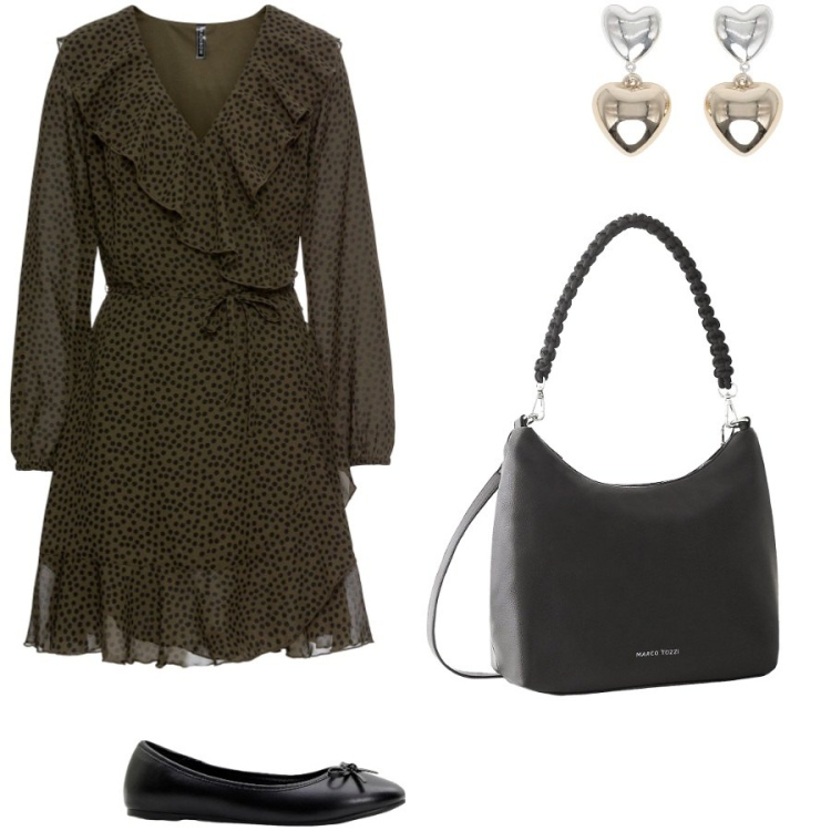 Outfit donna - Un vestito diverse occasioni. Stile Romantica per Serata fuori. Abbinamento con ballerine, vestiti, borse a mano, orecchini.