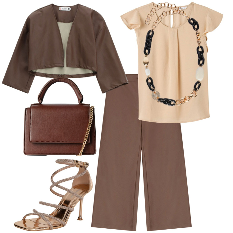 Outfit donna - Total look #2250236. Stile Casual chic per Cerimonia. Abbinamento con bluse, borse a tracolla, sandali col tacco, pantaloni, giacche, collane.