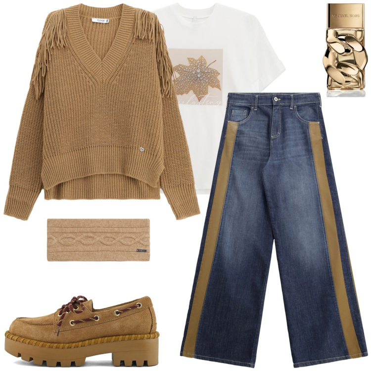 Outfit donna - Total look #2250245. Stile Casual per Tutti i giorni. Abbinamento con profumi, jeans a zampa, maglieria, t-shirt, accessori per capelli, mocassini.