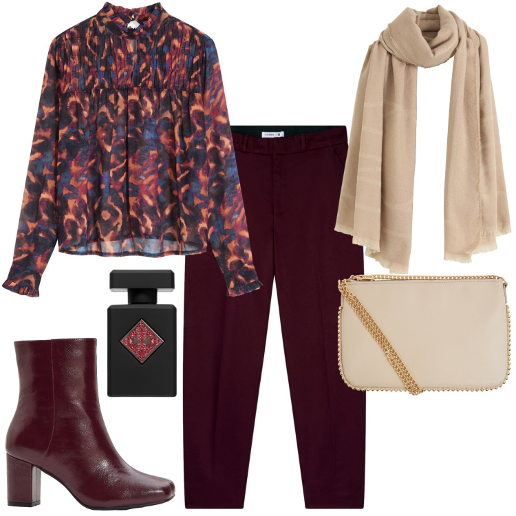 Outfit donna - Total look #2250260. Stile Casual chic per Serata fuori. Abbinamento con bluse, sciarpe, stivaletti, profumi, pantaloni chino, borse a tracolla.